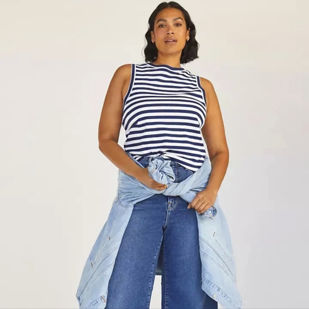 Maeve by Anthropologie Striped Split Hem Striped Tank in Blue & White Sz XL